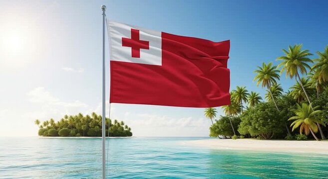 Tonga flag waving on a beach with palm trees and blue sky background