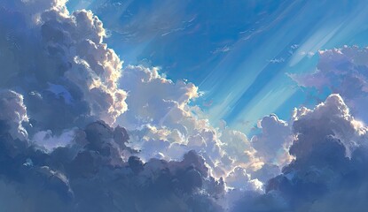 A vibrant sky filled with fluffy, varied clouds and sunbeams