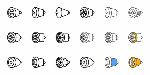 Explore a diverse collection of jet engine icons, perfect for aviation, engineering, or transportation projects, offering scalable vector graphics for versatile design needs