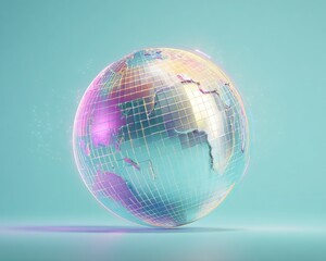 Pastel Holographic Digital Globe with Grid Lines on Turquoise Background