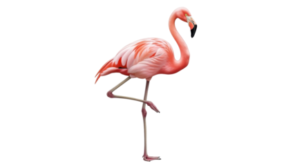 Isolated flamingo standing on one leg, with its pink plumage and curved neck posture