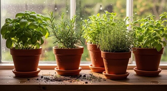 Potted herbs basil rosemary thyme on windowsill in natural light indoors