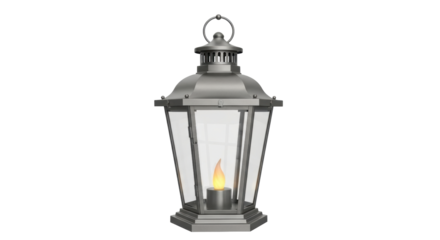 Isolated metal garden lantern lighting with LED candle flame for outdoor decoration