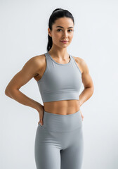 Studio portrait of athletic woman in gray activewear