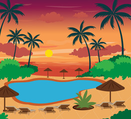 tropical resort sunset beach holiday illustration