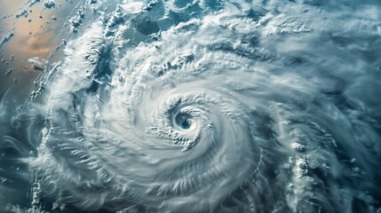 Top view satellite image of massive hurricane storm over ocean, swirling clouds, realistic weather map style.