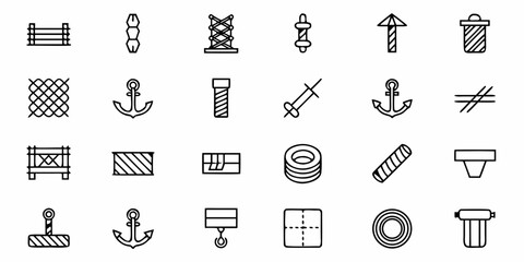 Naklejka premium Diverse collection of nautical and industrial icons featuring anchors, crates, ropes, filters, and construction elements for creative projects and maritime themes