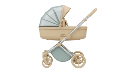 Isolated baby stroller for newborn infants, pram with light blue shade hood, modern style