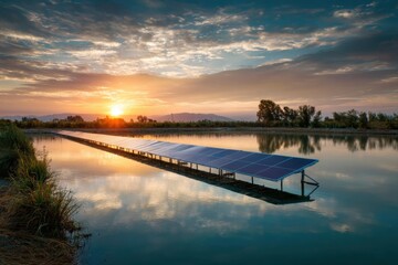 Fototapeta premium Floating solar panels on calm water under a colorful sunset