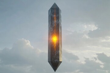 Towering geometric obelisk with a glowing core illuminates the dark sky during twilight hours