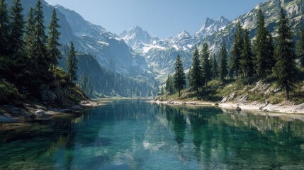 Fototapeta premium Mountain lake reflecting serene peaks