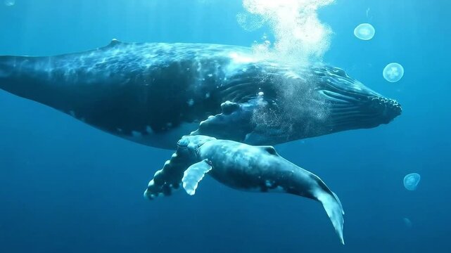 Gentle giants A majestic humpback whale mother and her calf gracefully swim through the clear blue ocean waters, surrounded by small jellyfish in this stunning underwater scene