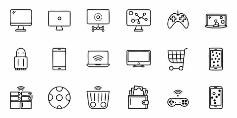 Dynamic collection of modern technology icons featuring computers, smartphones, gaming controllers, and shopping carts for digital lifestyle and online business concepts