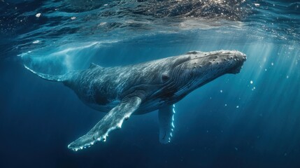 Obraz premium Majestic Humpback Whale Undersea: A magnificent humpback whale gracefully glides through the deep ocean, a portrait of serenity in the watery realm, illuminated by shafts of sunlight.