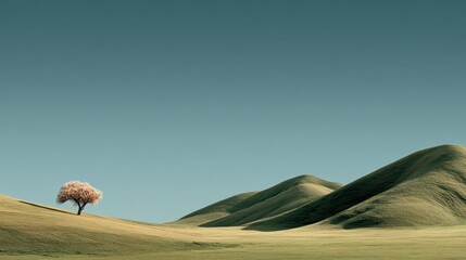 Lonesome Tree Against Serene Hills Under Clear Blue Sky