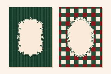 Merry Christmas Festive Frames. Winter Holidays Posters Set with Plaid Pattern and Vintage Elegant Empty Frame. Christmas Invitation Cards Set