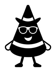 Halloween vector art of a cartoon illustration of a smiling conical flask character wearing a hat and sunglasses, with arms and legs, isolated a