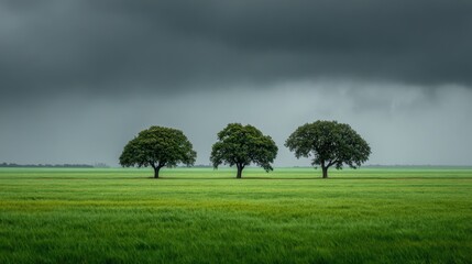 Three Isolated Trees Against a Dark Cloudy Sky Over Green Field