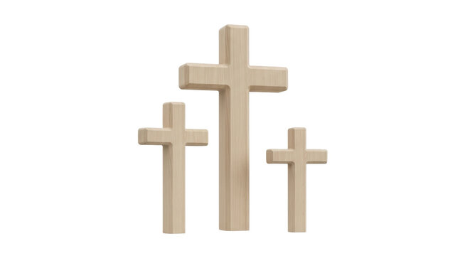 Isolated Wooden Christian Crosses Arranged Together with Three Symbols as Church Religious Symbols