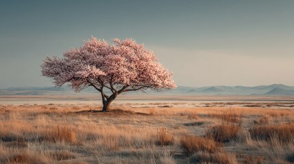 Stunning Pink Blossom Tree in Serene Landscape Under Soft Light