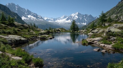 Fototapeta premium Alpine lake reflecting snow-capped peaks (1)
