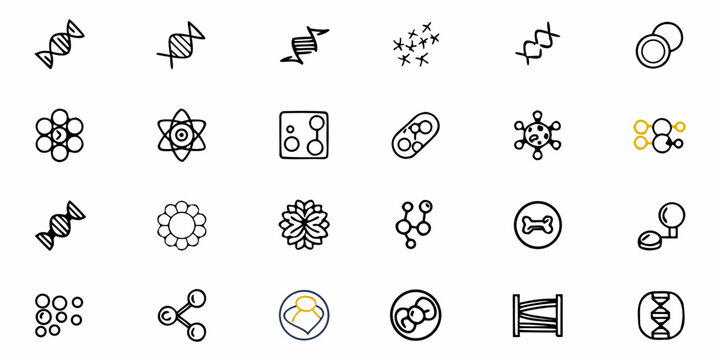 Explore science with these biology icons, from DNA structures to atoms, perfect for educational resources, research presentations, and scientific publications, scalable graphics - Powered by Adobe