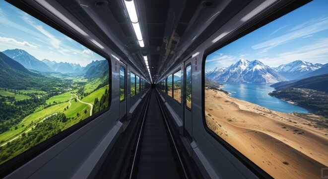 Train interior with panoramic windows showing diverse landscapes mountains valley lake and desert with conceptual travel theme