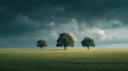Dramatic Sky over Green Field with Three Isolated Trees