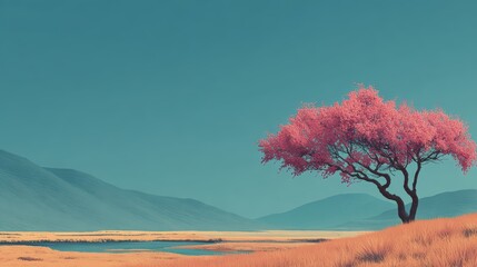 Serene Landscape with Pink Tree and Calm Water Under Blue Sky