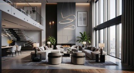Modern penthouse living room with high ceilings and large windows