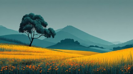 Serene Landscape with Yellow Fields and Lone Tree under Blue Sky