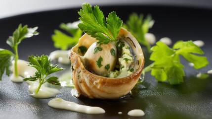 Gourmet Escargot with Herb Butter and Cream Sauce Garnished with Fresh Parsley on Black Plate
