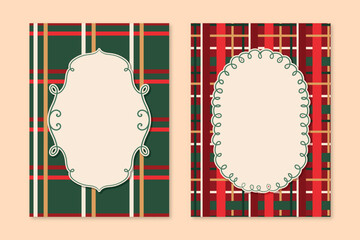 Traditional Christmas Festive Frames. Winter Holidays Posters Set with Plaid Pattern and Vintage Elegant Empty Frame. Christmas Invitation Cards Set