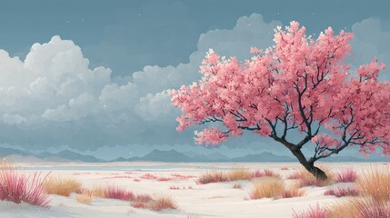 Beautiful Pink Blossom Tree in Winter Landscape with Blue Sky