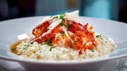 Creamy Lobster Risotto with Fresh Herbs and Parmesan Shavings Served in White Bowl
