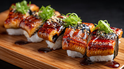 Unagi Nigiri Sushi with Glazed Grilled Eel, Teriyaki Sauce, Sesame Seeds, and Green Onion on Wooden Board

