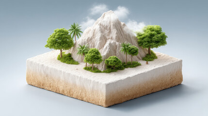 Stunning 3D isometric representation of tropical island features majestic mountain surrounded by lush greenery and palm trees, evoking sense