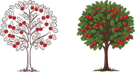 Fototapeta premium Cherry tree illustration, fruit tree drawing, garden plant art, red berries design, botanical foliage, orchard tree sketch, cad drawing flat vector illustration