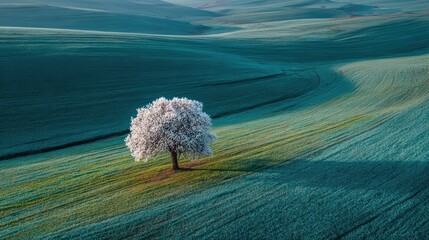 Isolated Blooming Tree on Lush Green Landscape in Soft Light