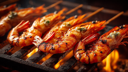 Grilled Shrimp Skewers with Garlic Butter Cooking Over Open Flame on Barbecue Grill
