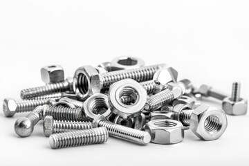 Close-up shot of a pile of various shiny, metallic fasteners, including bolts, nuts, and screws, on a plain white background.  The image highlights the textures and shapes of the hardware