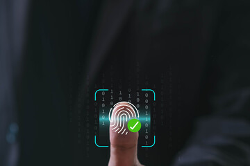 Fingerprint scan authentication technology with digital security check mark, symbolizing cyber protection, identity verification, data privacy, secure access, and modern biometric innovation.