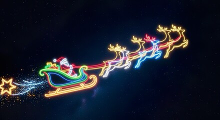 Christmas Neon Icon - Santa Claus with Sleigh.