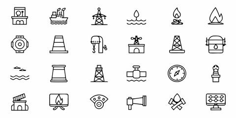 Dynamic collection of industry and energy icons featuring power lines, ships, oil rigs, and renewable energy symbols for modern business presentations and infographics