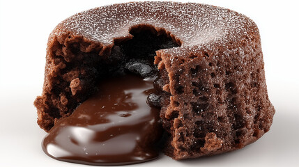 Molten Chocolate Lava Cake with Gooey Center and Powdered Sugar on White Background
