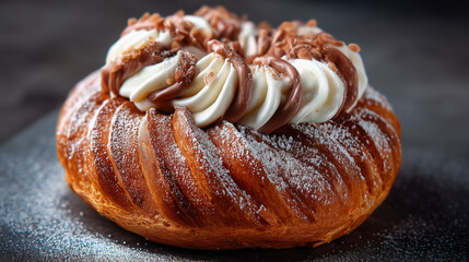 Decorative Swirled Pastry Topped with Whipped Cream and Chocolate, Sprinkled with Powdered Sugar on Dark Surface
