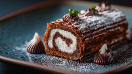 Chocolate Swiss Roll Cake with Cream Filling, Powdered Sugar, and Decorative Chocolate Drops on Elegant Plate
