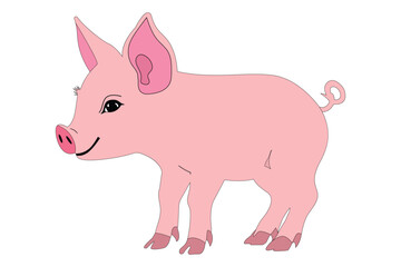 Cute cartoon pig vector illustration with pink body, big ears, and curly tail.