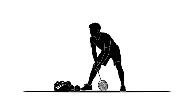Young athlete in silhouette poised for badminton game with gear ready on court