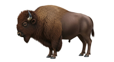 Isolated American bison standing, with dark brown fur, small horns, facing left in profile